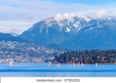 Fantastic View Over Ocean, Yacht And Snow Mountains In Vancouver, Canada.