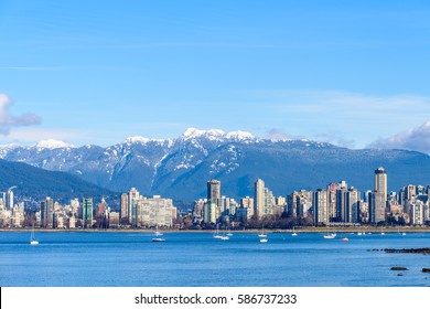 Fantastic View Over Ocean, Yacht And Snow Mountains In Vancouver, Canada.