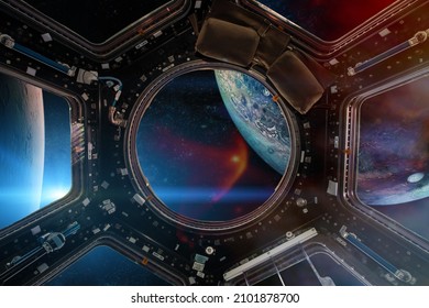 Fantastic view from a porthole of spacecraft  on big alien planets.  Elements of this image furnished by NASA.
