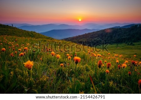 Fantastic view of the sunset over the mountain ranges. Location place Carpathian mountains, Ukraine, Europe. Photo wallpaper. Image of an magical sunset. Summer vacation. Discover the beauty of earth.
