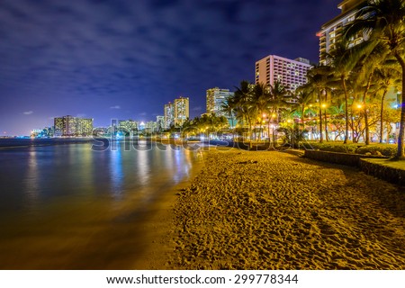 Fantastic view of tropical city at night in Honolulu, Hawaii, USA