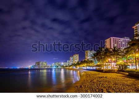 Fantastic view of tropical ocean at night in Honolulu, Hawaii, USA