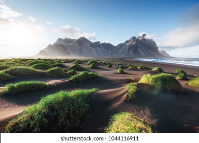 Fantastic West Of The Mountains And Volcanic Lava Sand Dunes On The Beach Stokksness, Iceland. Colorful Summer Morning Iceland, Europe.