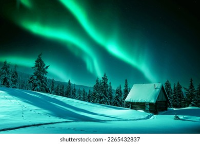 Fantastic winter landscape with wooden house in snowy mountains and northen light in night sky - Powered by Shutterstock