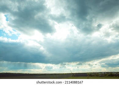 Fantastically Beautiful Cloudy Sky Over The Ukrainian Plain. Landscape Of The Ukrainian Plane.