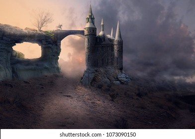 fantasy ancient castle with horse rider on a bridge - Shutterstock ID 1073090150