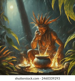 Fantasy art, dungeons and dragons art, a jungle shaman performing a questing ceremony. the ceremony involves drinking a concoction of liquids. the ceremony takes place at night. 

