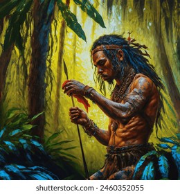 Fantasy art, dungeons and dragons art, a tribal jungle adventurer is using a cloth to apply a poison to a spear. the background is a dense jungle, forest