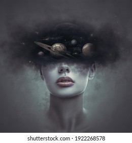 Fantasy Art Portrait Of Young Day Dreaming Woman With Head In Galaxy Outer Space Clouds. Concept Of Dreams Or Imagination