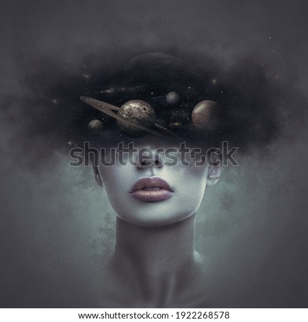 Fantasy art portrait of young day dreaming woman with head in galaxy outer space clouds. Concept of dreams or imagination