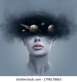 Fantasy Art Portrait Of Young Woman With Head In Galaxy Outer Space. Concept Of Dreams Or Imagination