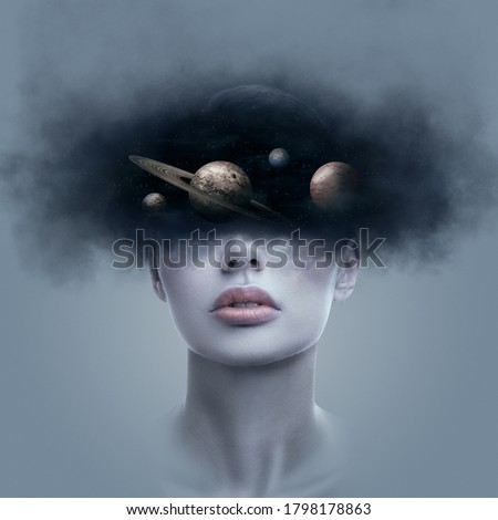 Fantasy art portrait of young woman with head in galaxy outer space. Concept of dreams or imagination