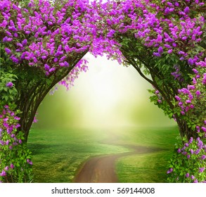 Fantasy  background . Magic forest with road.Beautiful spring  landscape.Lilac trees in blossom  - Shutterstock ID 569144008