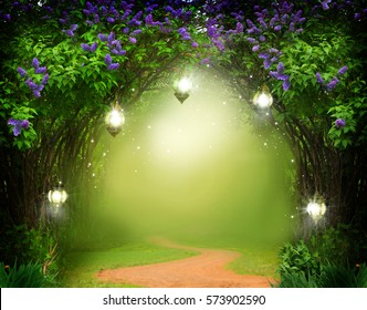 Fantasy  background . Magic forest with road.Beautiful spring  landscape.Lilac trees in blossom  - Shutterstock ID 573902590