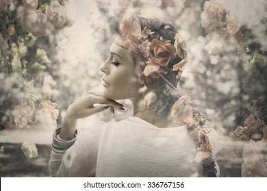 Fantasy Beautiful Young Woman Like Fairy, Double Exposure With Roses, Small Amount Of Grain Added