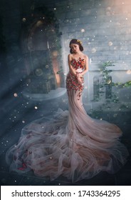 Fantasy beauty woman princess. glamorous peach creative dress, long train. Fashion model posing in fairy room full magical divine light. Mystic art photo image of Queen Goddess Butterfly. Golden tiara