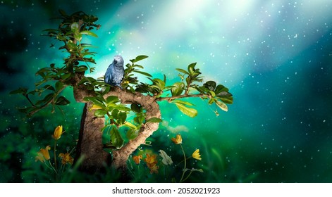Fantasy Bonsai carmona Tree with sitting Gray Parrot bird in magical elf Forest, blooming golden flowers in fairy tale green garden, fairytale glade in elven magic dreamy wood in night with moon rays.