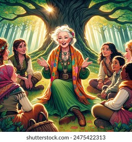 Fantasy cartoon artistic image of center of image: prophet zella, an beautiful lady woman with kind eyes and a warm smile, sits on the forest floor under a large oak tree. her vibrant scarf adds a pop of color to the scene. around her, preaching to adults