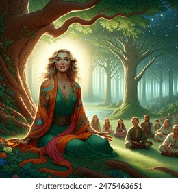 Fantasy cartoon artistic image of center of image: prophet zella, an beautiful lady woman with kind eyes and a warm smile, sits on the forest floor under a large oak tree. her vibrant scarf adds a pop of color to the scene. around her, preaching to adults