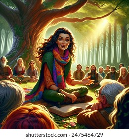 Fantasy cartoon artistic image of center of image: prophet zella, an beautiful lady woman with kind eyes and a warm smile, sits on the forest floor under a large oak tree. her vibrant scarf adds a pop of color to the scene. around her, preaching to adults