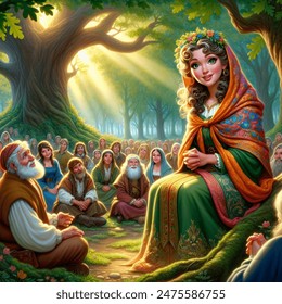 Fantasy cartoon artistic image of center of image: prophet zella, an beautiful lady woman with kind eyes and a warm smile, sits on the forest floor under a large oak tree. her vibrant scarf adds a pop of color to the scene. around her, preaching to adults