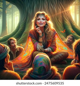 Fantasy cartoon artistic image of center of image: prophet zella, an beautiful lady woman with kind eyes and a warm smile, sits on the forest floor  under a large oak tree. her vibrant scarf adds a pop of color to the scene. around her, preaching to