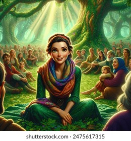 Fantasy cartoon artistic image of center of image: prophet zella, an beautiful lady woman with kind eyes and a warm smile, sits on the forest floor  under a large oak tree. her vibrant scarf adds a pop of color to the scene. around her, preaching to