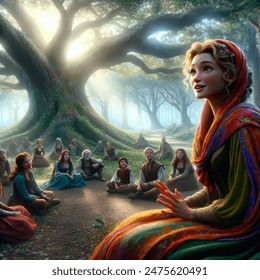 Fantasy cartoon artistic image of center of image: prophet zella, an beautiful lady woman with kind eyes and a warm smile, sits on the forest floor  under a large oak tree. her vibrant scarf adds a pop of color to the scene. around her, preaching to