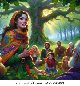 Fantasy cartoon artistic image of center of image: prophet zella, an beautiful lady woman with kind eyes and a warm smile, stands on the forest floor  under a large oak tree. her vibrant scarf adds a pop of color to the scene. around her, preaching to