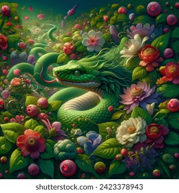 Fantasy cartoon artistic image of 
fairy green snake with closed mouth among flowers and plants