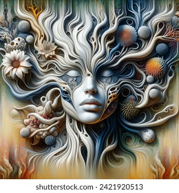 Fantasy cartoon artistic image of fase of a women, artistic, mask, abstract, paterns, beauyty, fantasy, makeup,shapes, modern, albino, white, sea, plants and rlowers growing from the head