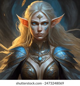 Fantasy cartoon artistic image of is a worshiper of the chaos god cuttos and a member of the eye of the raven. she appears as a young elf and has a beautiful face with deep big blue eyes and long medium blonde hair