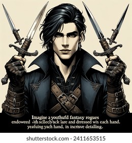 Fantasy cartoon artistic image of a youthful fantasy rogue with slicked back black hair wearing black clothes wielding two blades