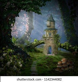 Fantasy castle in the forest. Photomanipulation. 3D rendering