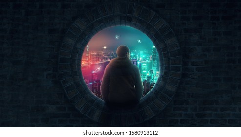 Fantasy Cyberpunk, man sitting on the tunnel hole - 4k wallpaper