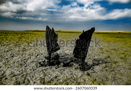 Fantasy Dragon Fall. Devil's hideous clawed paws stick out of black swamp into which torso has sunk. Reminiscence of biblical fallen hellish angels after battle with heavenly ones