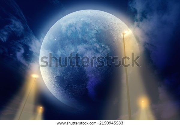 Fantasy and dream landscape.\
Mysterious landscape with full moon and lamppost in the\
night.