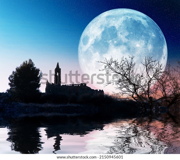 Fantasy and dream landscape. Mysterious\
landscape with full moon and church over the\
lake.