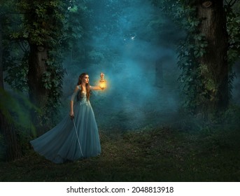 Fantasy elf woman princess warrior with medieval sword holding in hand vintage lamp lantern, warm light. Dark forest trees, blue fog. Red-haired girl walk, long dress waving. War magician magic blade