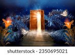 Fantasy enchanted fairy tale forest with magical opening secret wooden door and stairs leading to mystical shine light outside the gate, Lilies flowers, rays and flying fairytale magic butterflies.