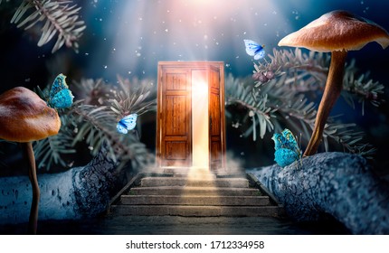 Fantasy enchanted fairy tale forest with magical opening secret wooden door and stairs leading to mystical shine light outside the gate, mushrooms, rays and flying fairytale magic butterflies in woods - Shutterstock ID 1712334958