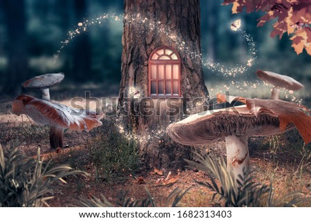Fantasy enchanted fairy tale forest with giant mushrooms, magical elf or gnome house with shining window in pine tree hollow and flying fairytale magic butterflies leaving path with luminous sparkles