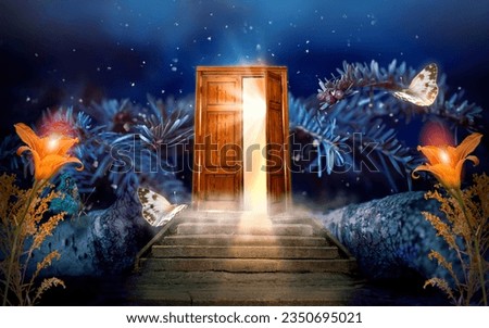 Fantasy enchanted fairy tale forest with magical opening secret wooden door and stairs leading to mystical shine light outside the gate, Lilies flowers, rays and flying fairytale magic butterflies.