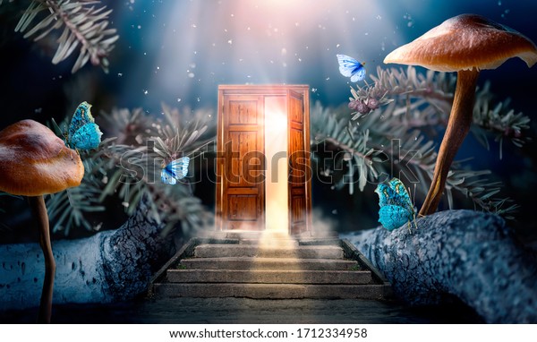 Fantasy enchanted fairy tale forest with magical\
opening secret wooden door and stairs leading to mystical shine\
light outside the gate, mushrooms, rays and flying fairytale magic\
butterflies in woods