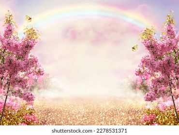 Fantasy fairy tale forest with blooming pink apple tree garden and rainbow in sky, enchanted road path with luminous solar reflection sparkles and flying butterflies, nature landscape background.