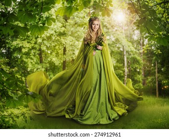 Fantasy Fairy Tale Forest, Fairytale Nature Goddess, Nymph Woman in Mysterious Green Dress