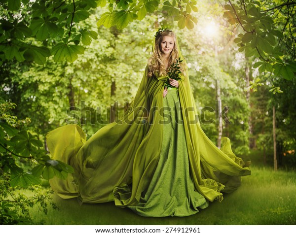 Fantasy Fairy Tale Forest,
Fairytale Nature Goddess, Nymph Woman in Mysterious Green
Dress
