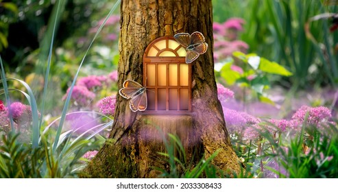 Fantasy fairy tale forest with magical shining window of enchanted elf or gnome house in hollow of pine tree, blooming fabulous pink flowers garden, flying Common blue butterflies on magic sunny glade