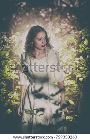 Fantasy Fairy Tale Forest , young woman posing as nymph