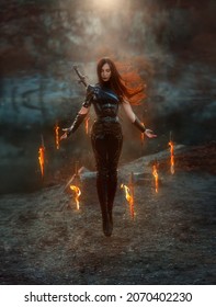 Fantasy fighting woman assassin in levitation soars in air with burning daggers. Red-haired girl warrior in black leather costume. ninja soldier with knives, fire magic. Hair fluttering fly in wind.
